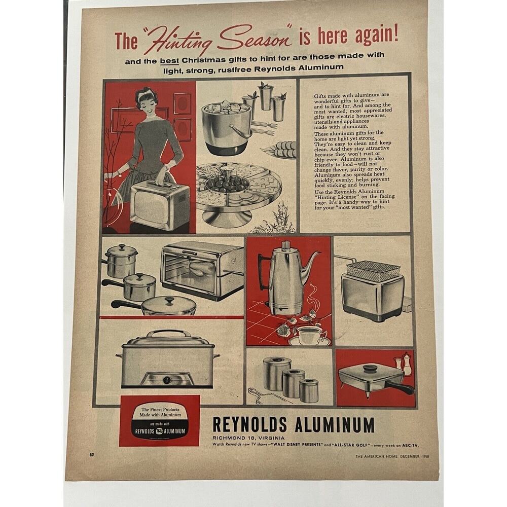Vtg 1958 Reynolds Aluminum Kitchen Appliance Print Ad Red Retro MCM Mid Century